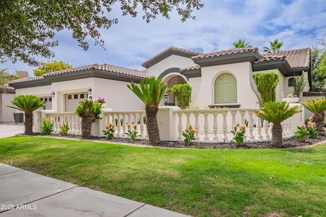 4711 E Buckboard Ct, Gilbert, AZ 85297 - mediterranean / spanish house with a tiled roof, stucco siding, a garage, and a front yard