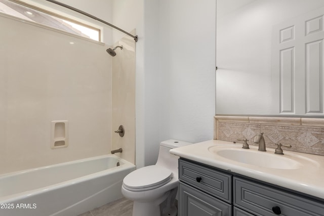 4711 E Buckboard Ct, Gilbert, AZ 85297 - bathroom featuring toilet, vanity, shower / bathtub combination, and backsplash