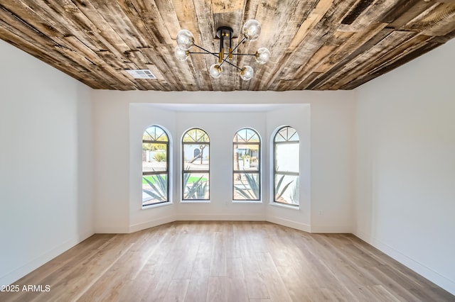 empty room with light wood-type flooring, an inviting chandelier, and wooden ceiling