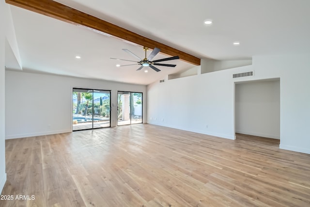 unfurnished room with ceiling fan, light hardwood / wood-style floors, and vaulted ceiling with beams