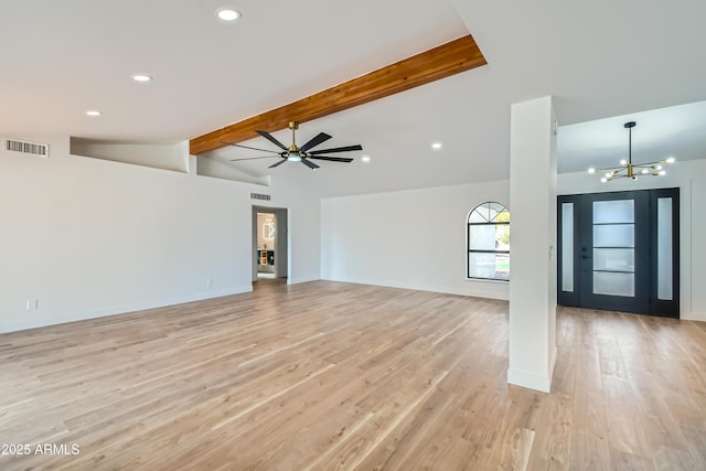 unfurnished living room featuring vaulted ceiling with beams, ceiling fan with notable chandelier, and light hardwood / wood-style floors