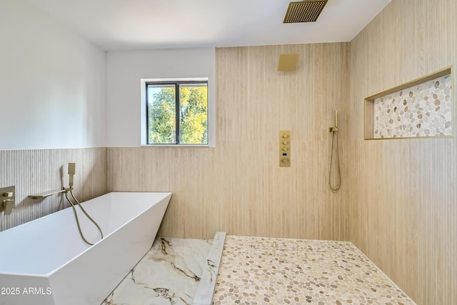 bathroom with separate shower and tub and wooden walls