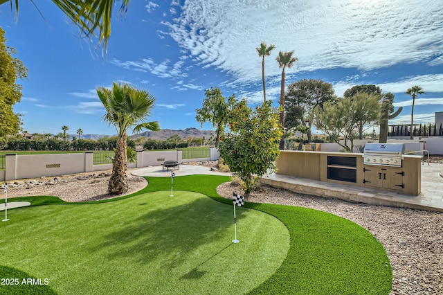 view of yard featuring exterior kitchen, a mountain view, and a patio