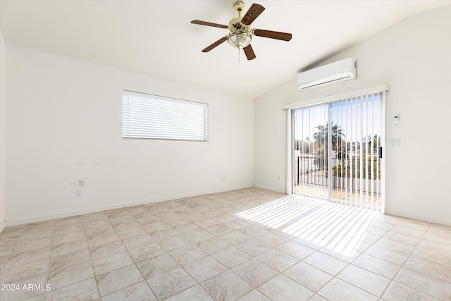 unfurnished room featuring light tile patterned flooring, ceiling fan, a wall mounted air conditioner, and vaulted ceiling