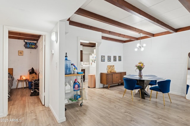 1101 E Bethany Home Rd Unit 1, Phoenix, AZ 85014 - dining area featuring wood finished floors, beamed ceiling, a chandelier, and concrete block wall