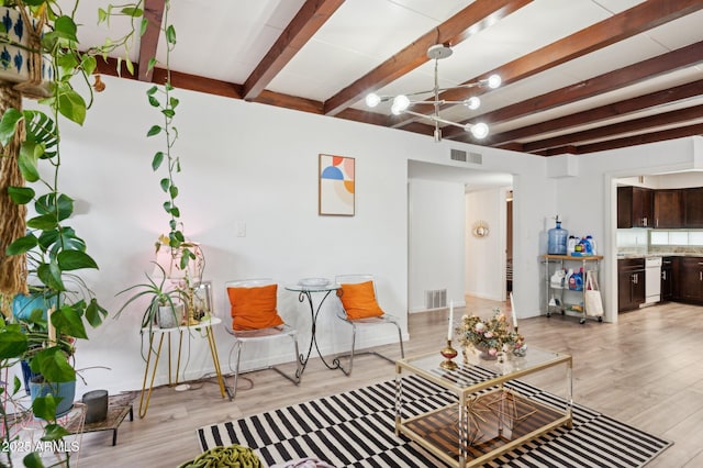 1101 E Bethany Home Rd Unit 1, Phoenix, AZ 85014 - living room with beamed ceiling, light wood-style floors, a chandelier, baseboards, and bar