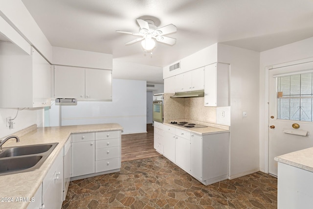 kitchen featuring ceiling fan, sink, tasteful backsplash, white appliances, and white cabinets