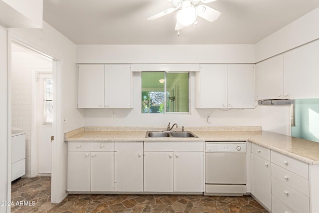 kitchen with white dishwasher, sink, ceiling fan, white cabinetry, and washer / clothes dryer