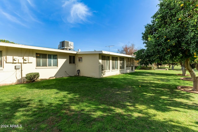 back of house featuring central AC and a lawn