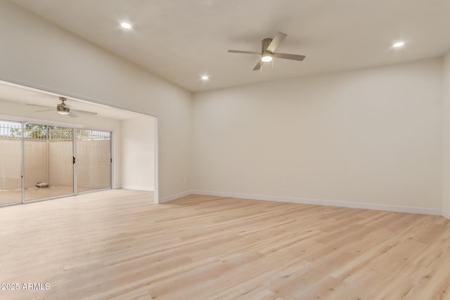 unfurnished room with a ceiling fan, recessed lighting, light wood-style flooring, and baseboards