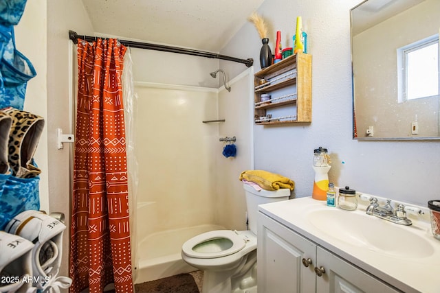 bathroom featuring toilet, a stall shower, and vanity