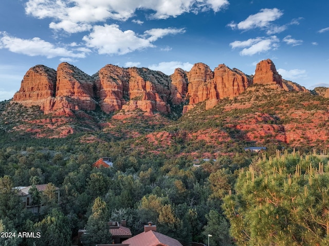 property view of mountains featuring a view of trees