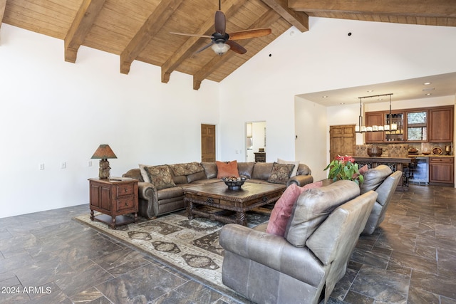 living area featuring beverage cooler, ceiling fan, high vaulted ceiling, wooden ceiling, and beamed ceiling