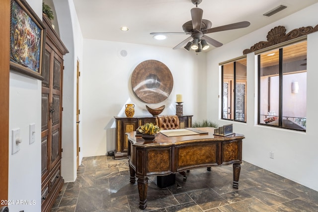 office area with recessed lighting, visible vents, and a ceiling fan