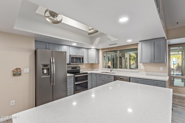15849 N 46th Pl, Phoenix, AZ 85032 - kitchen featuring stainless steel appliances, gray cabinets, a sink, a raised ceiling, and light stone countertops