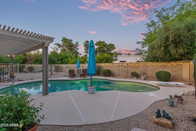 15849 N 46th Pl, Phoenix, AZ 85032 - view of swimming pool with a pergola, a patio, a fenced backyard, and a diving board