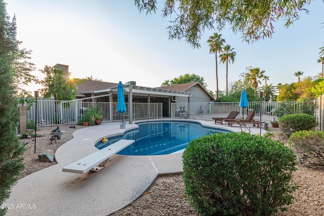 15849 N 46th Pl, Phoenix, AZ 85032 - view of swimming pool featuring fence, a diving board, a patio, and a pergola