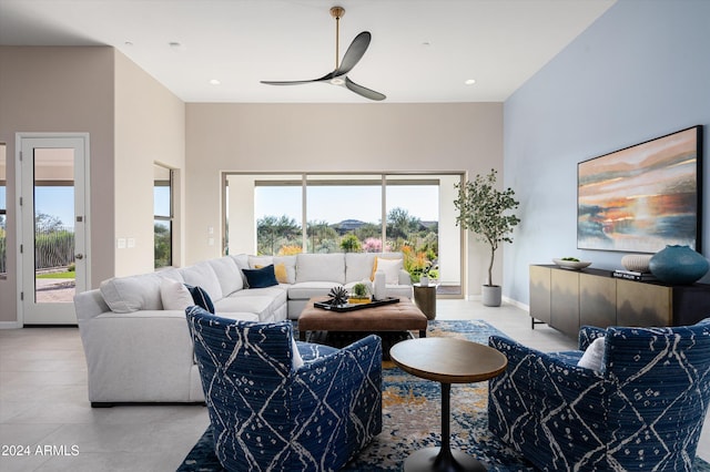 living room featuring ceiling fan