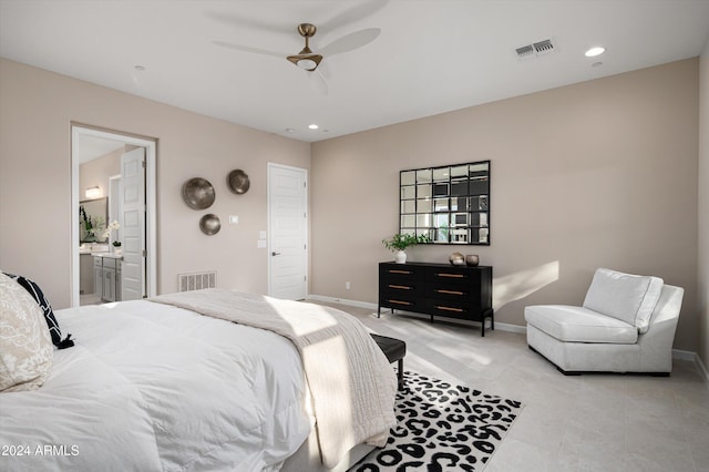 bedroom featuring ceiling fan and connected bathroom