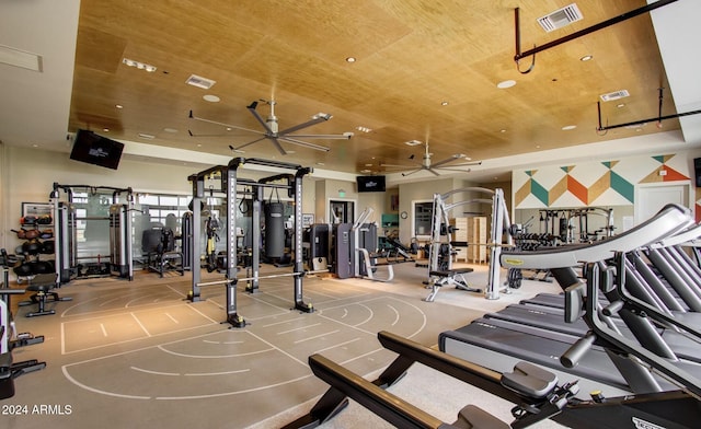 gym with wooden ceiling and ceiling fan