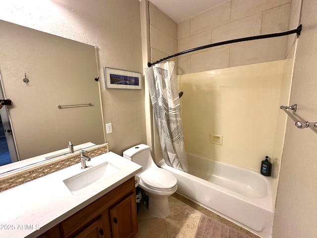 bathroom featuring vanity, toilet, and shower / tub combo with curtain