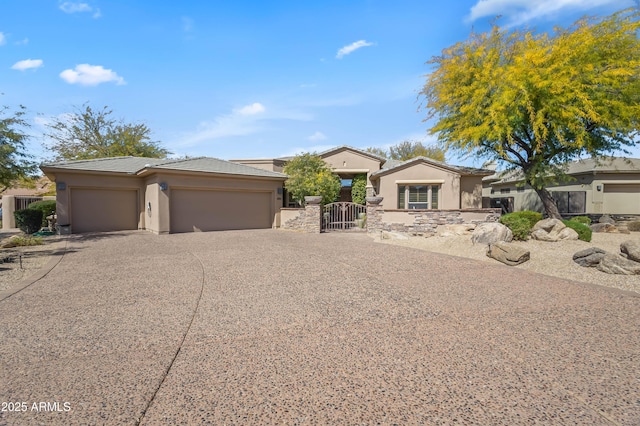 single story home featuring stucco siding, a garage, driveway, and a gate