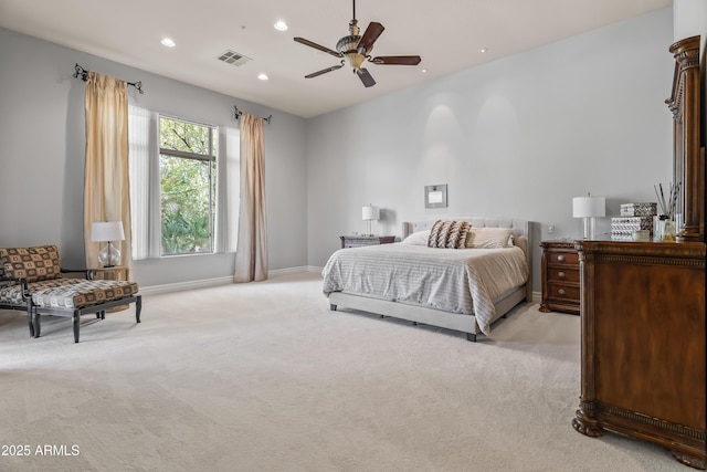 bedroom featuring visible vents, recessed lighting, baseboards, light colored carpet, and ceiling fan