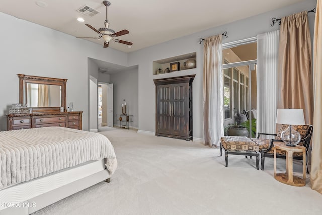 bedroom featuring visible vents, baseboards, light colored carpet, recessed lighting, and access to outside