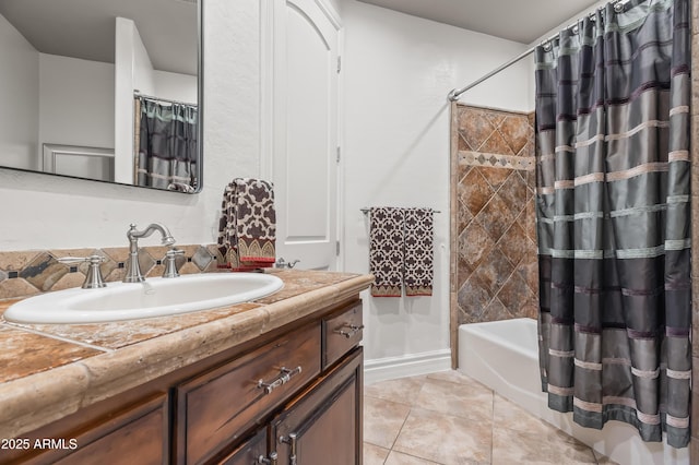 full bath with shower / bath combination with curtain, vanity, and tile patterned flooring