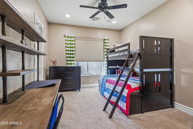 carpeted bedroom with visible vents, recessed lighting, and baseboards