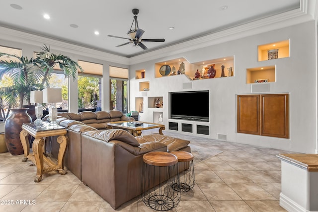 living area featuring ceiling fan, visible vents, ornamental molding, and light tile patterned floors