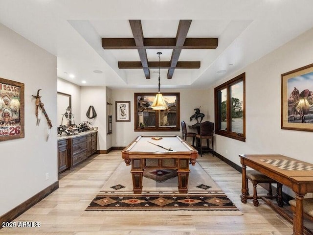 game room with beam ceiling, billiards, light wood-type flooring, and coffered ceiling