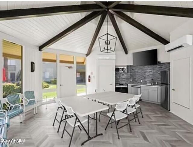 dining space with a wall mounted air conditioner