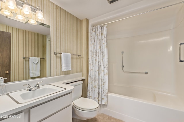 full bath with tile patterned flooring, toilet, vanity, shower / bath combo with shower curtain, and wallpapered walls