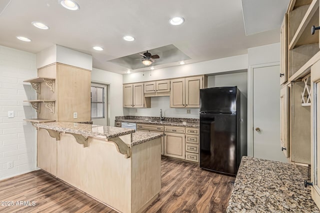 5420 N Granite Reef Rd, Scottsdale, AZ 85250 - kitchen with freestanding refrigerator, open shelves, a peninsula, a ceiling fan, and dark wood-style floors