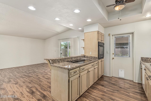 5420 N Granite Reef Rd, Scottsdale, AZ 85250 - kitchen with black appliances, dark wood-style floors, a ceiling fan, a peninsula, and a textured ceiling