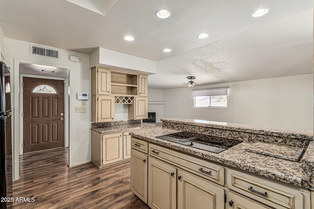 5420 N Granite Reef Rd, Scottsdale, AZ 85250 - kitchen featuring black electric stovetop, cream cabinetry, dark wood finished floors, ceiling fan, and recessed lighting