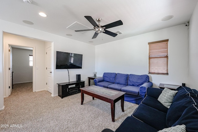 451 S Hawes Rd Unit 53, Mesa, AZ 85208 - living room featuring a ceiling fan, light colored carpet, baseboards, and recessed lighting