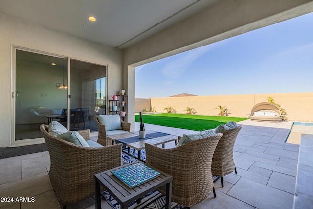 view of patio with a mountain view