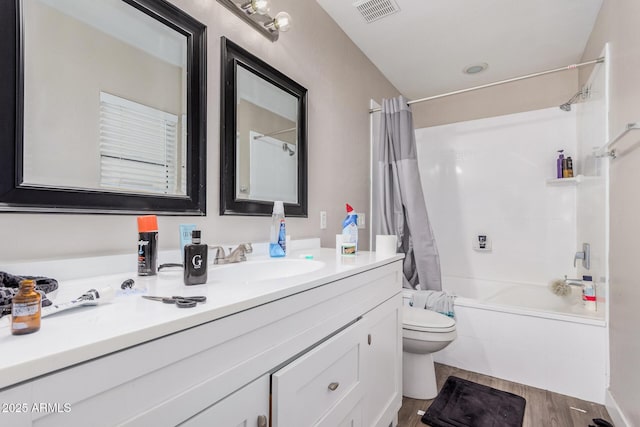 2516 E San Manuel Rd, San Tan Valley, AZ 85143 - bathroom with shower / bathtub combination with curtain, wood finished floors, and vanity