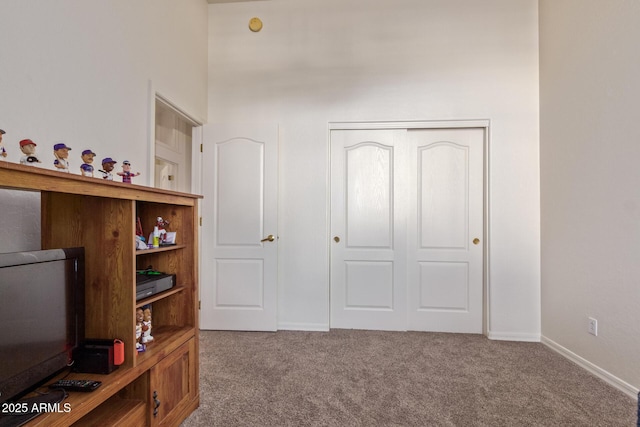 interior space featuring a closet, baseboards, and carpet flooring