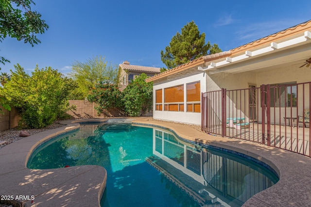 view of pool with a fenced backyard, a fenced in pool, and a patio area