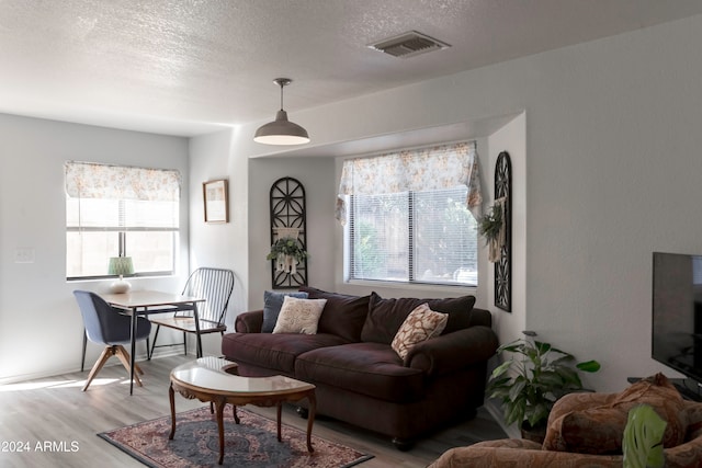 living room featuring a textured ceiling and light hardwood / wood-style flooring