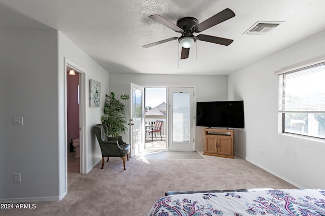 carpeted bedroom with ceiling fan, multiple windows, access to exterior, and a textured ceiling