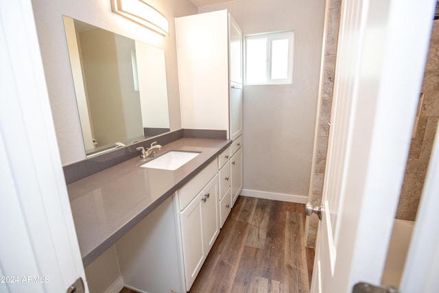 bathroom with hardwood / wood-style floors and vanity