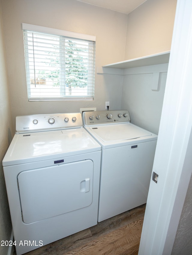 washroom featuring washing machine and clothes dryer and dark wood-type flooring