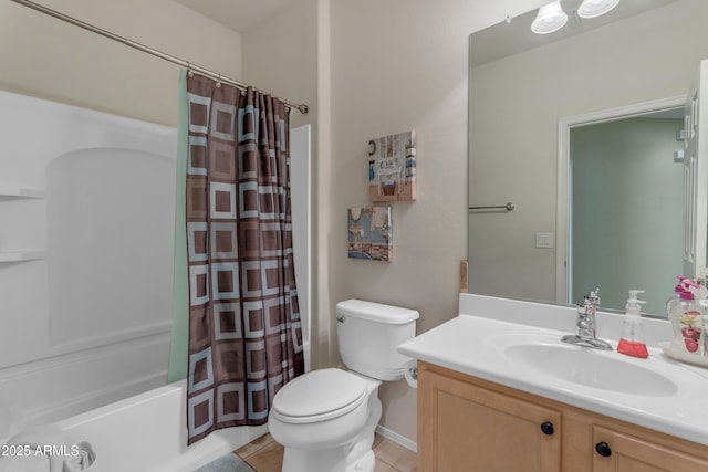 full bathroom with tile patterned floors, vanity, toilet, and shower / bath combo with shower curtain