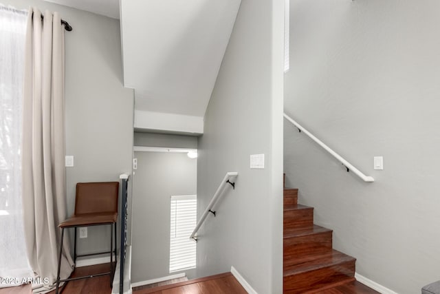 stairway with hardwood / wood-style floors