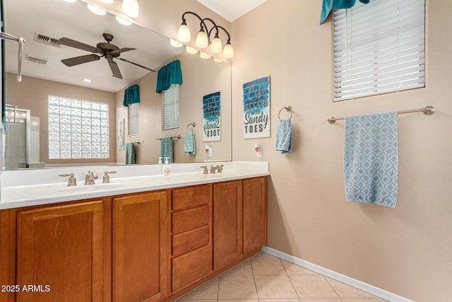 bathroom featuring ceiling fan, tile patterned flooring, and vanity