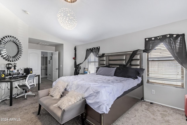 bedroom with visible vents, baseboards, lofted ceiling, and carpet